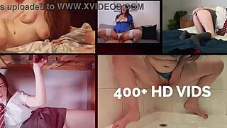 Blue-haired nurse in nylon teases with big assets