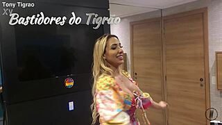 Behind the scenes with Bruna Lambertini, deepthroating and showing off her big tits and ass