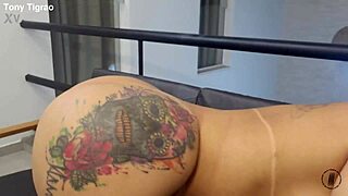 Behind the scenes with Bruna Lambertini, deepthroating and showing off her big tits and ass