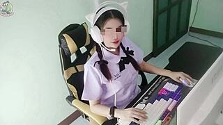 asian teen 18+ cosplay roleplay with senior in front of computer loud thai voice 4k