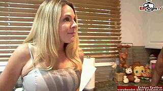 Busty blonde mature joins girl for interracial BBC threesome action