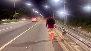 Wife Flashes Ass And Lipstick For Humiliating Cuckold Follower