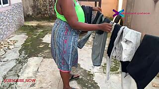 Gateman spies cheating wife drying clothes, then she gets banged hard. What a twist!