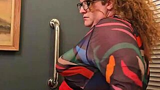 Horny Redhead BBW Secretary Flashes Her Natural Big Tits and Panties