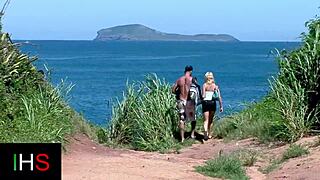 Blonde girl gets double penetrated at the seaside?