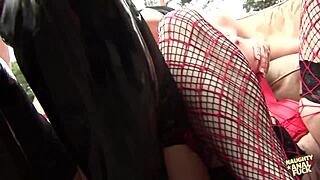 nothing makes the busty brunette and blonde happier than having outdoor gangbangs with double penetration