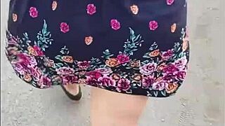 Following Curvy Mommy In Skirt And Thong Outdoors