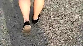 Following Curvy Mommy In Skirt And Thong Outdoors