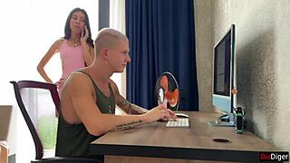 Kissing husband with cum-filled mouth.