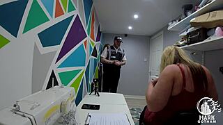 Maisie Lewis, the shoplifting slut, gives blowjob with big tits