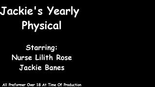 jackie banes undergoes her yearly physical, wearing jeans and latex gloves, showing her natural tits