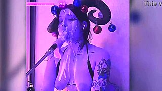 devil filled with cum passionately gives blowjobs in costumes with big tits and tattoos