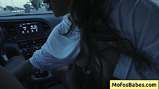 sexy asian hottie plays with natural big boobs in car