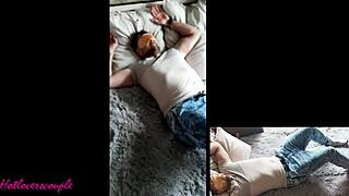 girl tied up her friend and brought him to orgasm with blowjob and handjob