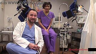 jackie banes undergoes her yearly physical, wearing jeans and latex gloves, showing her natural tits