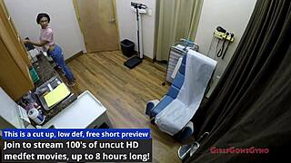 jackie banes undergoes her yearly physical, wearing jeans and latex gloves, showing her natural tits