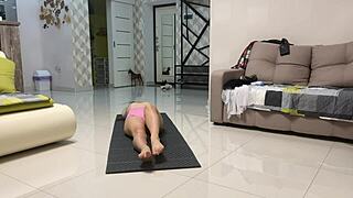 i love playing with my pussy after yoga, fingering my small tits in the bedroom