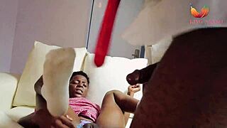 The ebony student surprises her teacher with expert blowjob skills in class.