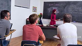 Teacher Feels Intense Pleasure Keeping Hijab On During Group Fucking With Students In Classroom