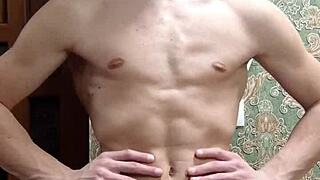 skinny boy flexes his muscles in underwear at home
