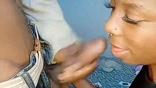 african teen gives sloppy head with cum on face 😋