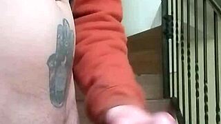 i masturbate on apartment stairs, flashing huge cock while neighbor talks in garage