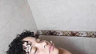 Latina Bisexual Lesbian Squirts While Pleasuring Herself in Shower Room