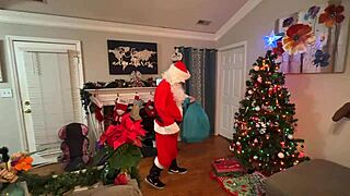 Santa's little helper teases daddy with her petite body and blue eyes in panties.