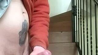 i masturbate on apartment stairs, flashing huge cock while neighbor talks in garage