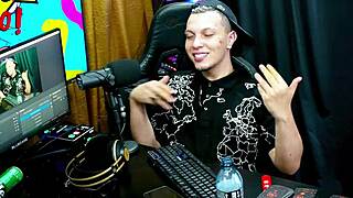 Victoria Camargo bends over on podcast table, exposing her hairy pussy