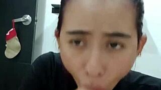 Hot guy invites stepsister inside for passionate oral sex with big tits until cum fills mouth.