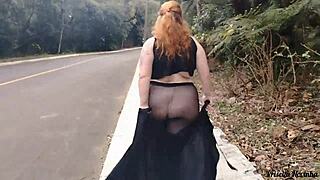 Priscila, that young girl, showing off her big tits on the streets without panties! So hot!