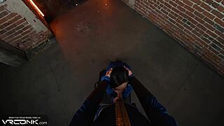 Horny brunette Lucy in Fallout cosplay sucks and rides monster cock anally.