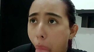 Hot guy invites stepsister inside for passionate oral sex with big tits until cum fills mouth.