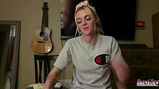 petite inked blonde sassy rubs her juicy titties and finger fucks her twat