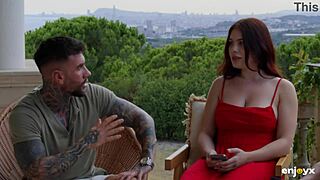 Curvy redhead babe in lingerie spends time with two young studs