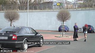 I fuck the big ass redhead babe at public gas station gloryhole