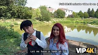 Sexy Redhead Miss Olivia in Red Lingerie Fucked Publicly Before Boyfriend's Eyes.