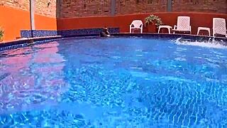 Big Ass Babe Masturbates in Pool, Surprised by Fucking