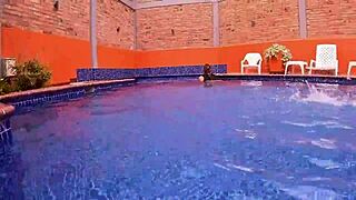 Big Ass Babe Masturbates in Pool, Surprised by Fucking