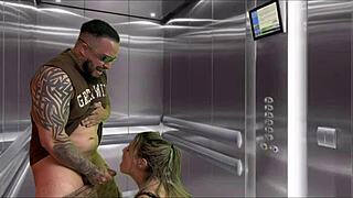 Pregnant Neighbor Gives Gagging Blowjob in Elevator and Swallows Cum