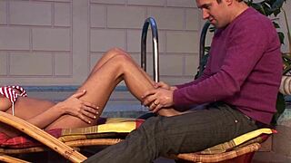 blonde slut teases with her feet and gives a hot blowjob 😏