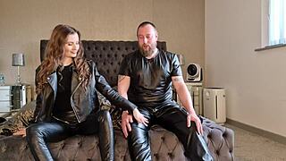 Leather-clad mistress gives dirty talk jerk off instructions to her devoted slut