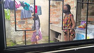 Housewives make homemade porn after laundry, they're hot sluts