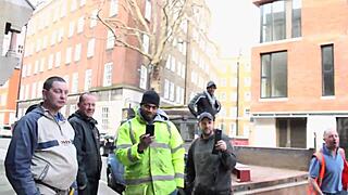 sexy british girl pisses on construction site, flashes tits to workers while walking