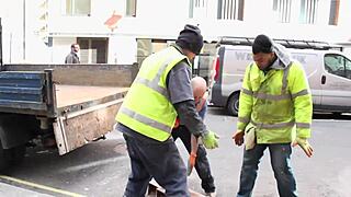 sexy british girl pisses on construction site, flashes tits to workers while walking