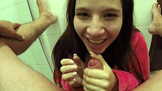 novata gosta de chupar rola escondido in the bathroom with small tits and tight pussy...