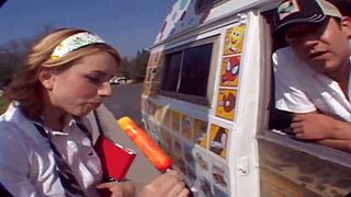 Hey, check out Lexi Belle getting deepthroated and creampied by that ice cream man in doggystyle action.