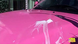 washing the car turns into a playful outdoor gathering for blonde friends with accessories