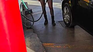 Hey, flashing some fun at the petrol station outdoors